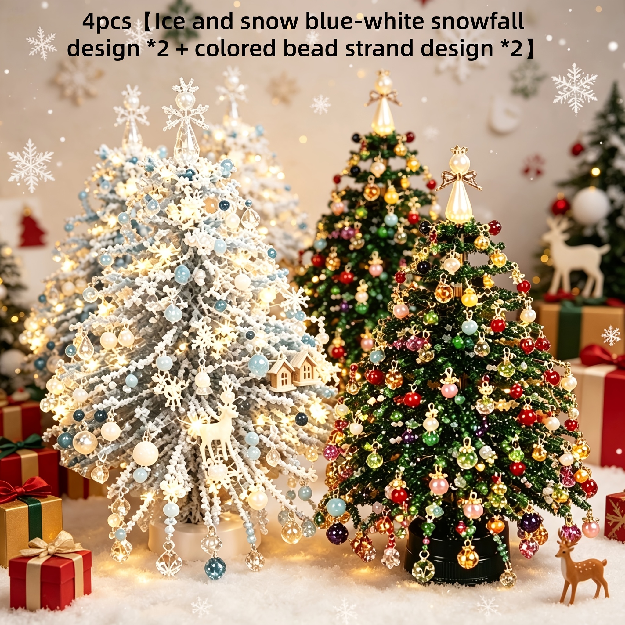 TEMU 4pcs Diy Beaded Mini Christmas Tree Kit With Led Lights, 2pcs & 2pcs Green Handcrafted Tabletop Xmas Tree, Beading Craft Kit, Light-up Desktop