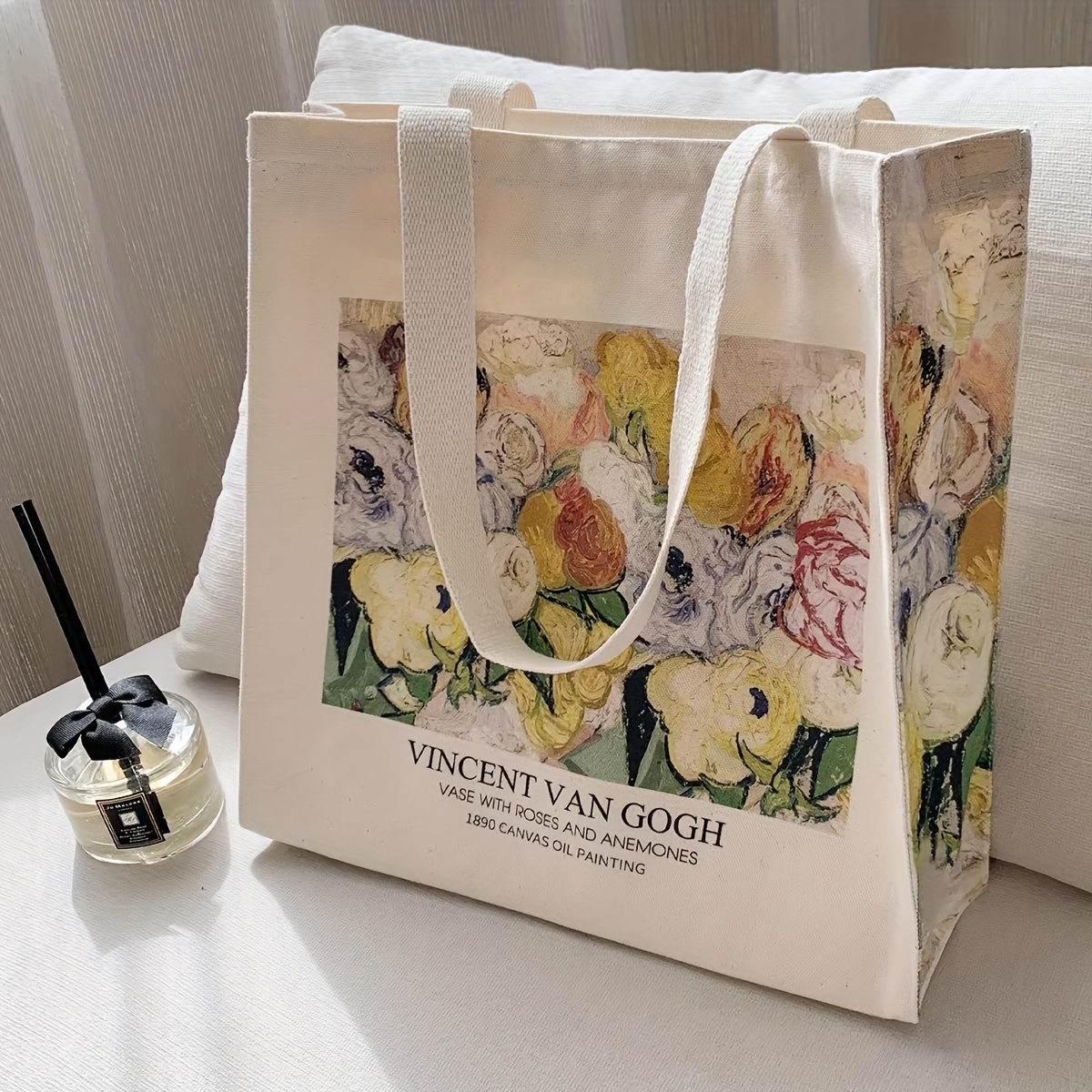 ladies tote bag featuring a rose and silvery lotus pattern made from 16 oz thick canvas   sublimation printing   allows for washing this elegant three dimensional canvas bag is perfect for gifting daily  