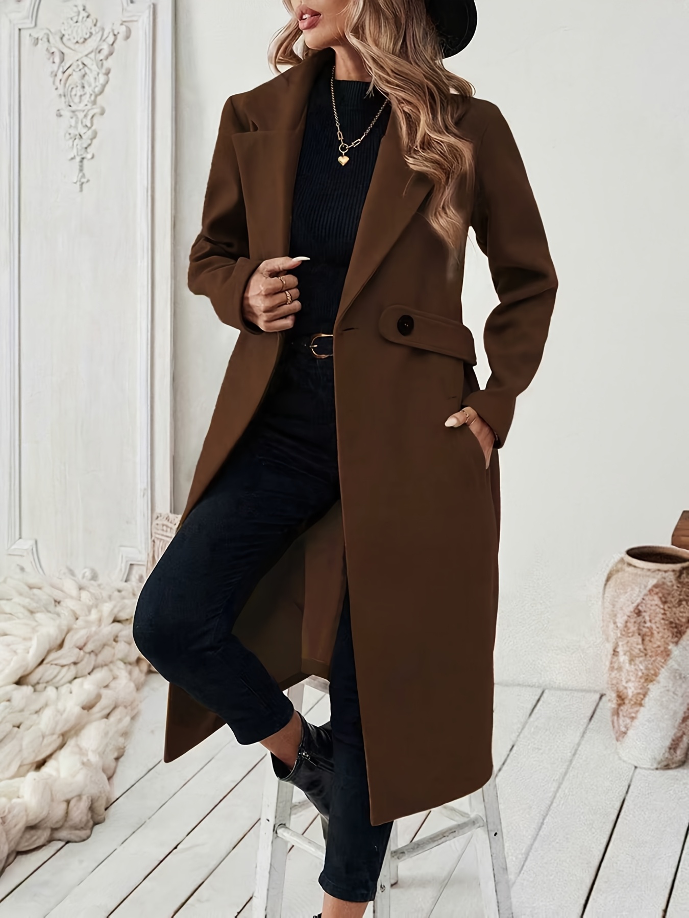 womens suit collar two tone belted elegant long coat bamboo - Temu
