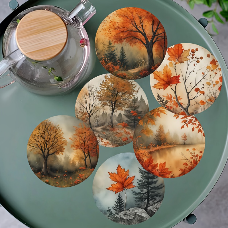 TEMU 6pcs 6pcs Set Wood Coasters Suitable For Home, Office & Party Drink Coaster Pads - Wood Heat-resistant Table Protectors With Autumn Scenery