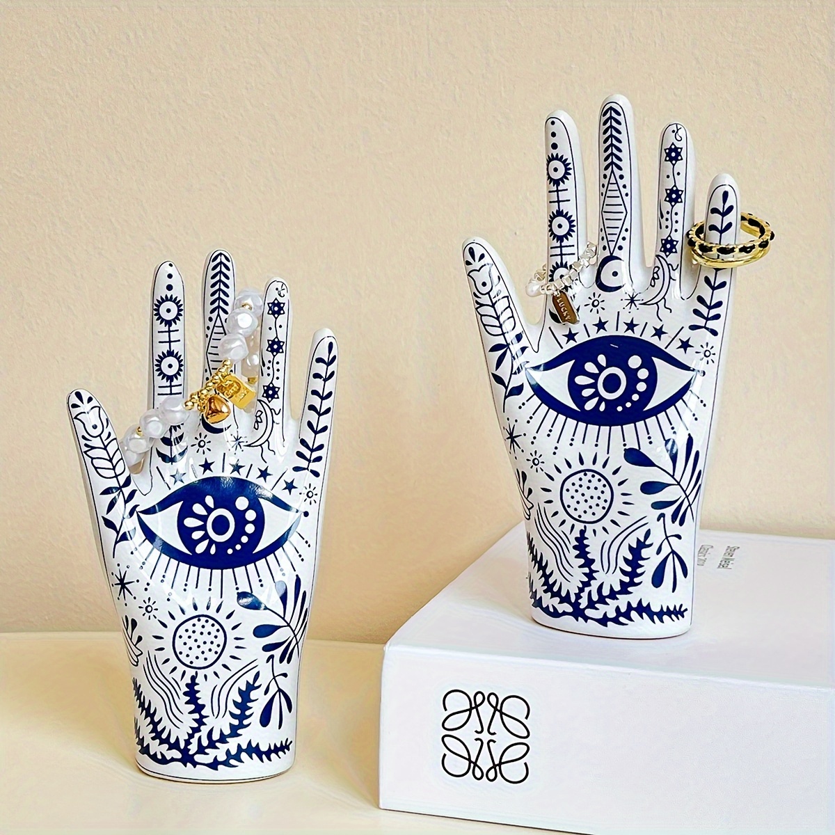 

1 Hand-shaped Ceramic Ring Holder With Blue Floral & Evil - Artistic Jewelry Display Stand For Engagement & Wedding Rings, Decorative Keepsake Box, Ideal Gift,