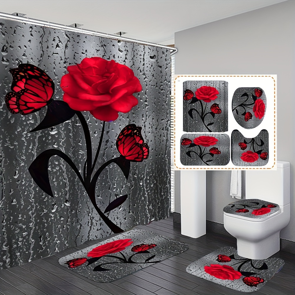 

4 Pcs Bathroom Set, Rose Shower Curtain Sets, Floral Shower Curtain Sets With Rugs (bath Mat, U Shape And Toilet Lid Cover Mat) And 12 Hooks, 71*71 Inch