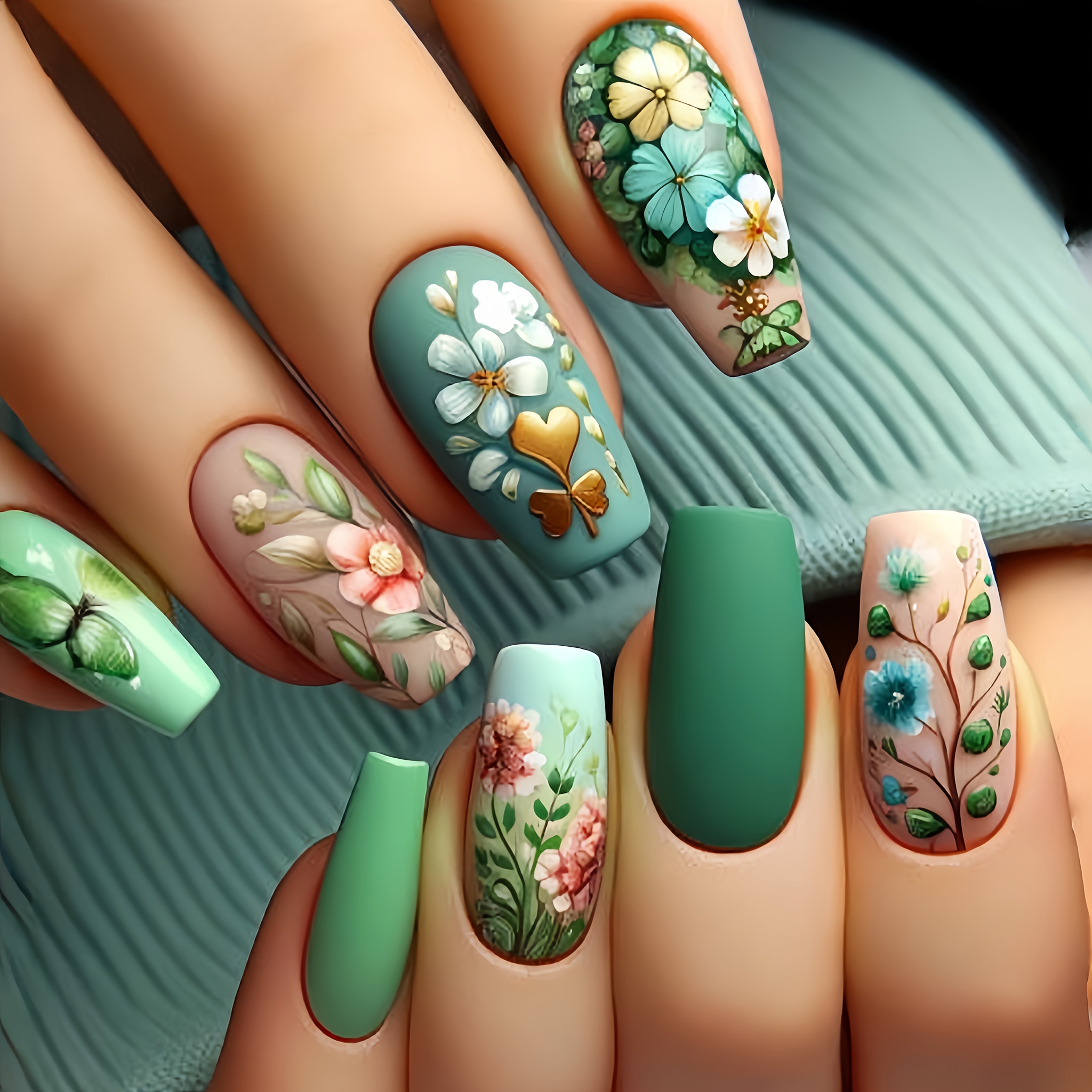 

Green Floral Ballet-shape Long Matte Press-on Nails, Removable 24pcs Set For Spring New Year Fashion