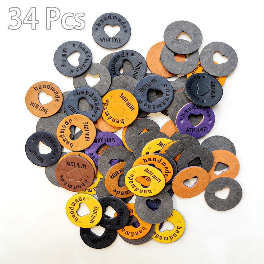 Image of 34pcs Handmade Craft Labels, Art Faux Leather Pieces, Sewing Supplies, Faux Leather-shaped Ornaments, Faux Leather Materials, Engraved With ""