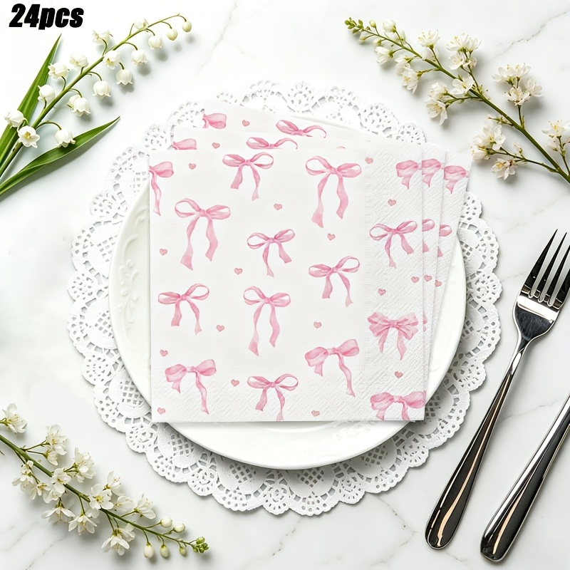 TEMU 24pcs Pink Bow Party Napkins, Etiquette Aesthetic Party Supplies, For 24 People, Party Supplies, Holiday Decorations, Suitable For Wedding
