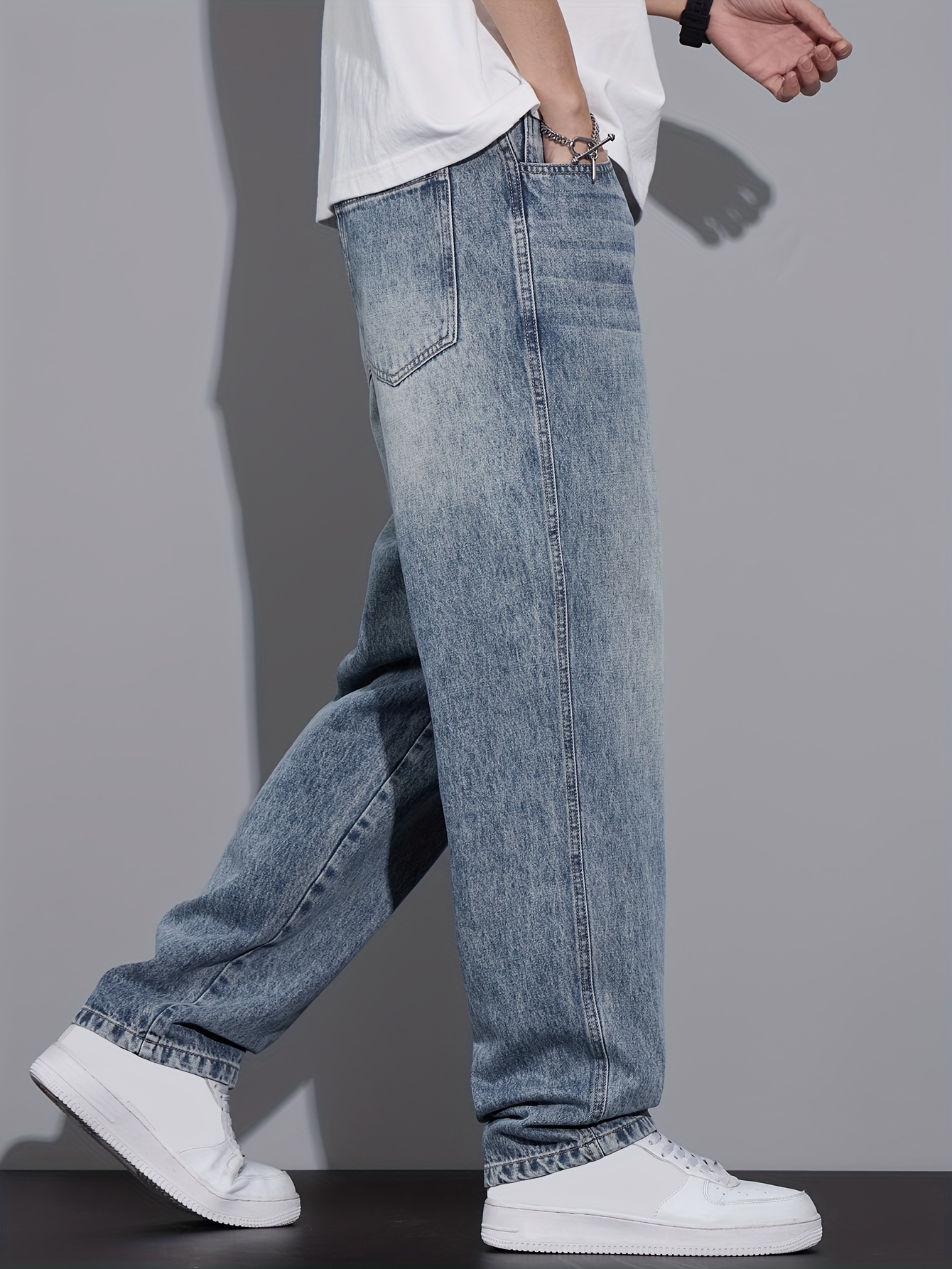 Men'S Vintage Washed Straight-Leg Jeans, Loose-Fitting And Trendy for Spring And Autumn, Versatile Casual Pants in Light Blue, New Style for 2025 (Geng Yuan Shi)