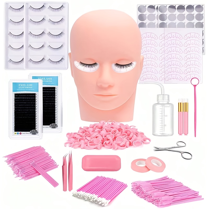 TEMU Kit de professionnel pour extensions de cils avec tête de mannequin et pince à épiler d'entraînement - Bandes de cils bouclés 0.07D adaptées aux