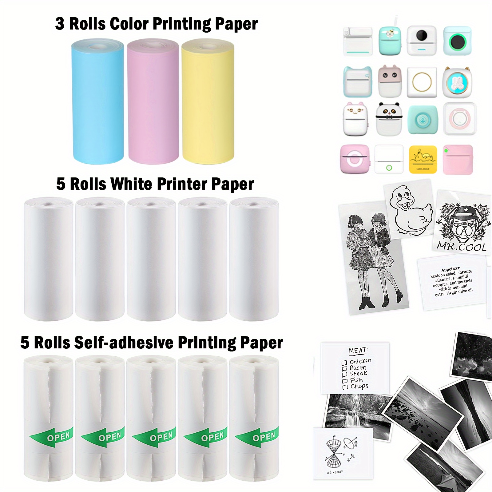 Mini Imprimante Papier Étiquette Thermique Autocollant Coloré