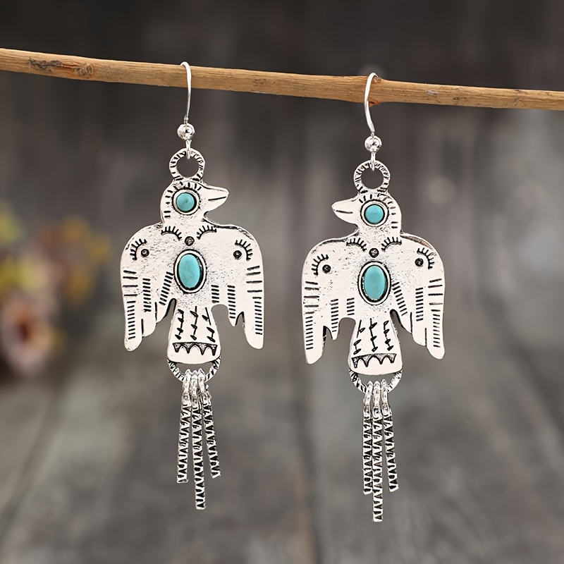 TEMU Pair Of Eagle Inlaid Lapis Ethnic Style Vintage Carved Pattern Tassel Fashion Earrings