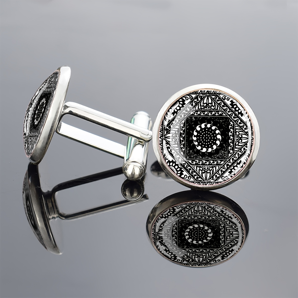 TEMU 1 Pair Cufflinks Glass Inlay Geometric Pattern Men's Formal Jewelry Elegant Gift For Wedding Business Wear Fashion Accessory