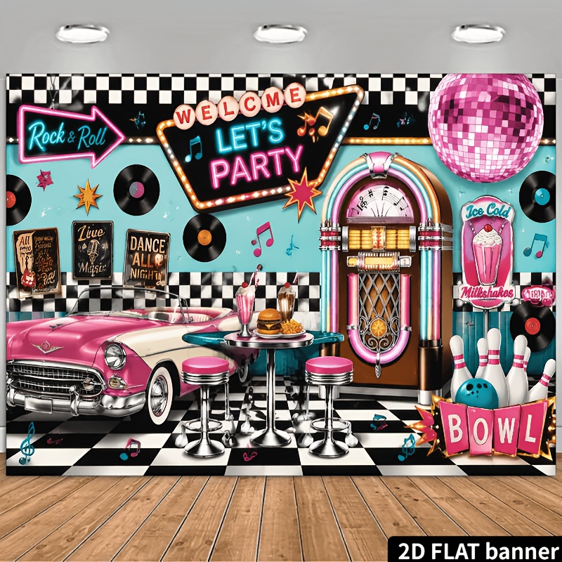 TEMU 2d Flat 50s Rock And Roll Party Themed Backdrop Featuring Vintage Jukeboxes, Pink Convertible Cars, Vinyl Records, Disco Balls, And Bowling