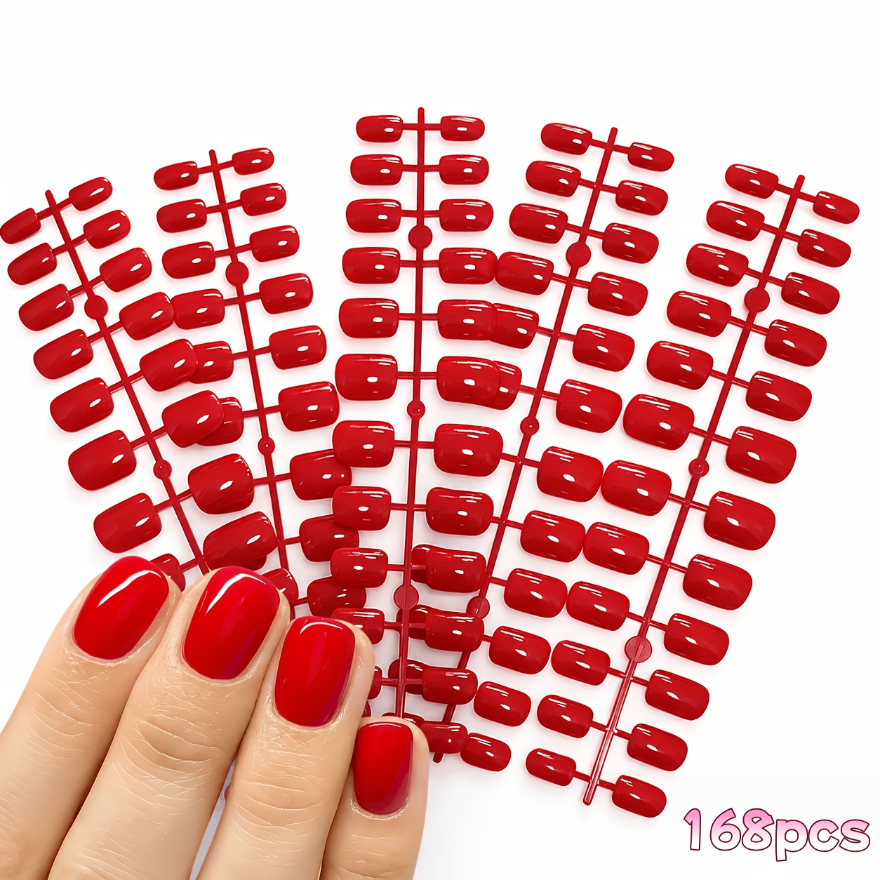 TEMU 168pcs (7-strip Pack) Short Square Press-on Nails Suitable For Daily Wear & Special Occasions - Solid Red Short Length Glossy Pre-made Tips,