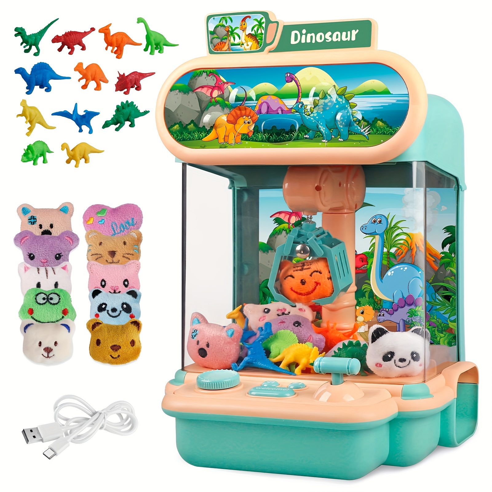 

Mini Dinosaur Vending Machine, Candy Grabber, Pink Toys Suitable For Men And Women, Electronic Arcade Game With 10 Mini Plush Toys And 12 Dinosaur Toys, For Easter Birthday Gifts