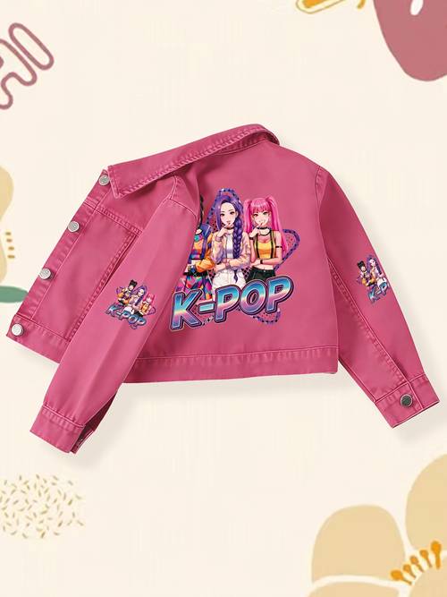 1pc denim jacket kids jacket girls top trendy cool girl group childrens denim jacket printed with k girl group featuring gradient k lettering and a heart shaped border full of sweet and cool at time