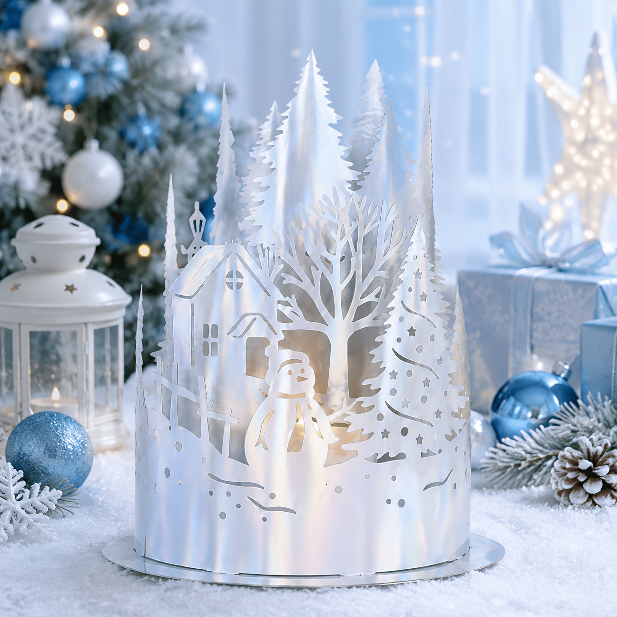TEMU Self-assembly Holographic Silver And Golden Christmas Tea Light Candle Lampshade, Premium Hollow-cut Snowman Scene Paper Lamp Cover, Festive 3d