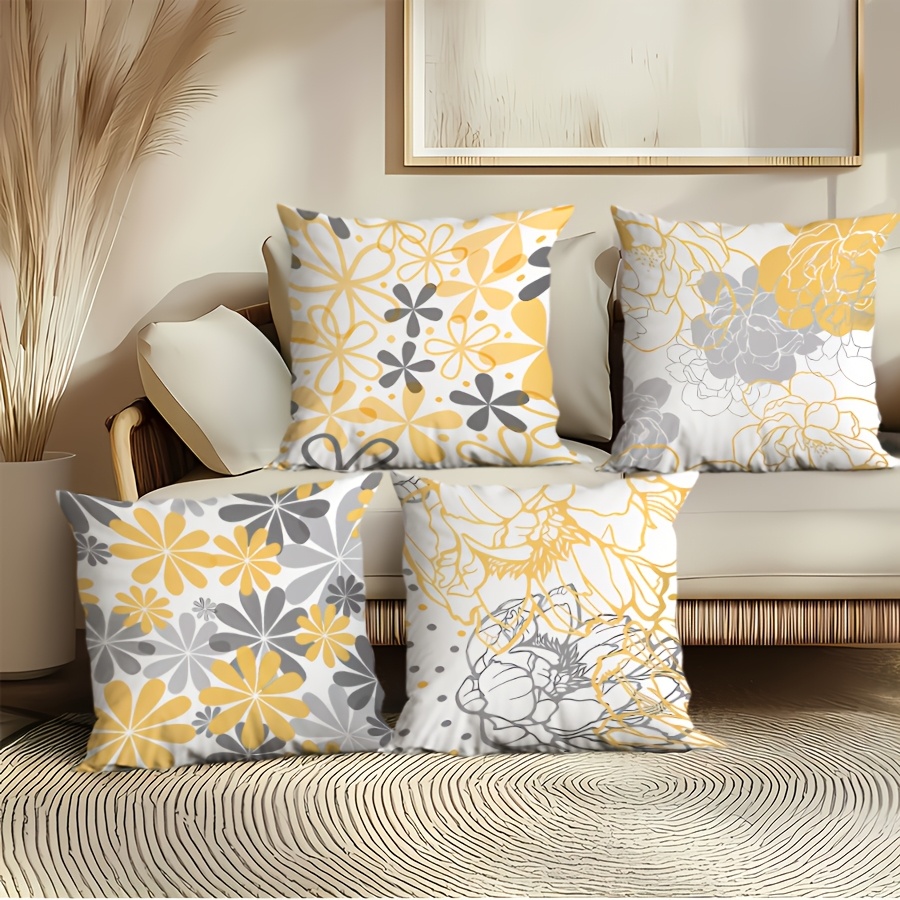 

4-pack Rustic Floral Velvet Throw Pillow Covers, Yellow Leaves & Grey Roses Design, Hypoallergenic Zippered Cushion Cases For Home & Hotel Decor, Machine Washable, Polyester, Fits Room Types