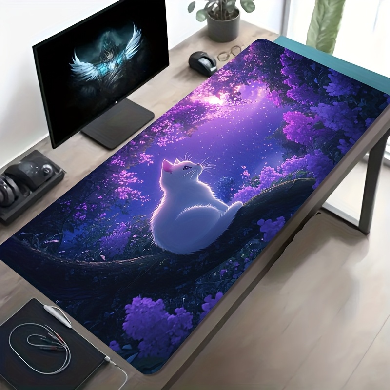 TEMU 1pc Large-sized Mouse Pad Featuring A Pattern Of A White Cat At A Night Scene In A Purple . This Large-sized Desk Mat Has A Non-slip, Washable