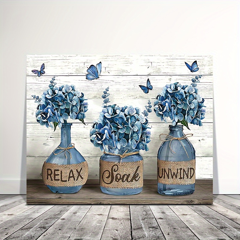 

1pc Wooden Framed Canvas Painting, Blue Hydrangea Bathroom Pictures For Wall Rustic Country Bathroom Canvas Prints Bathroom Sign Artwork Framed 11.8inch*15.7inch Eid Al-adha Mubarak