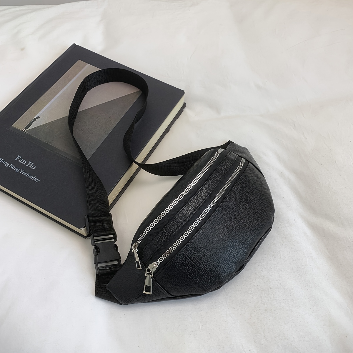 E-shop Minimalistische einfarbig schwarze Unisex verstellbare PU-Hüfttasche – Doppellagige Gürteltasche mit Reißverschluss, freihändige Brusttasche