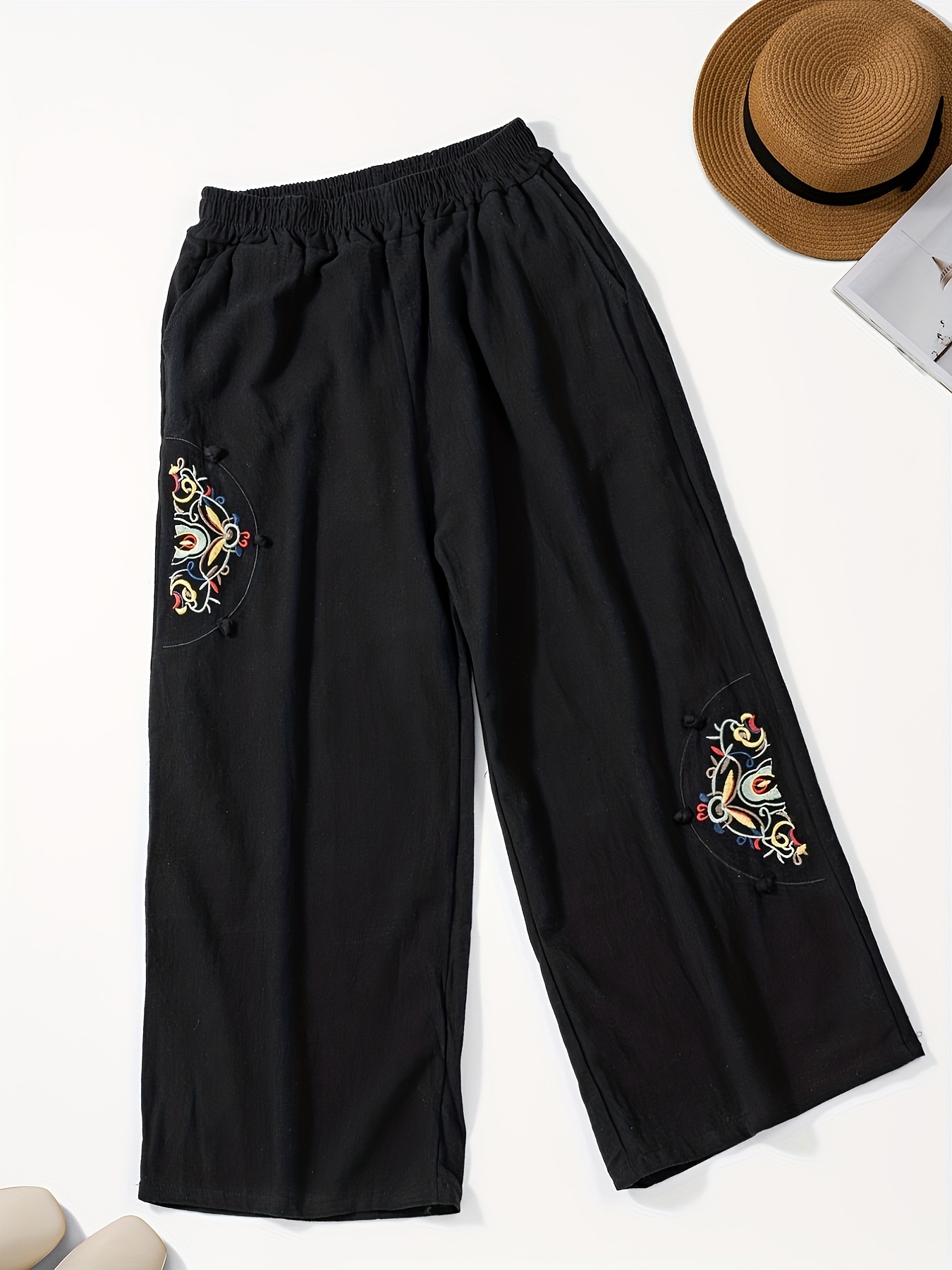 Women's wide-leg pants with pockets and embroidery details - casual straight pants, comfortable for all seasons, machine washable, comfortable clothing, decorative embroidery, soft fabric pants