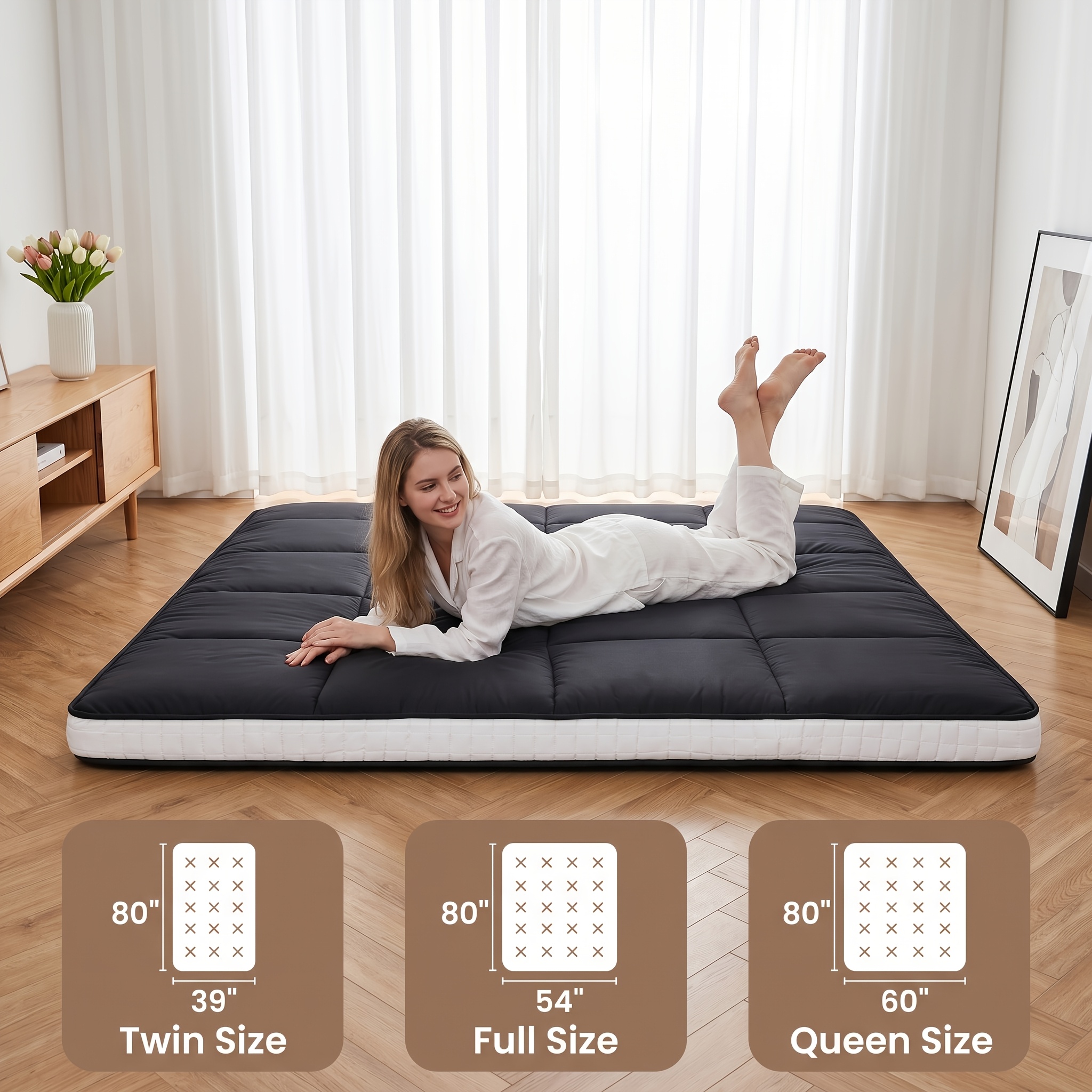 LILYPELLE Japanese Futon Mattress, Folding Sleeping Pad Futon, Portable Camping Mattress With Storage Bag, Black