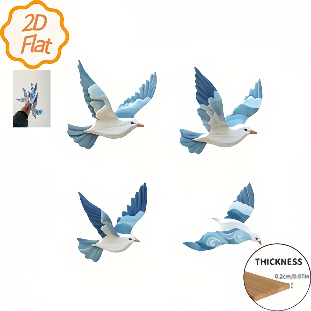 E-shop 2D Flat - 2D Fläche, ein Set aus vier 2D kreativen blauen, flugenden Holz-Wanddekor-Plaketten, für Heimdekoration, 2D Fläche