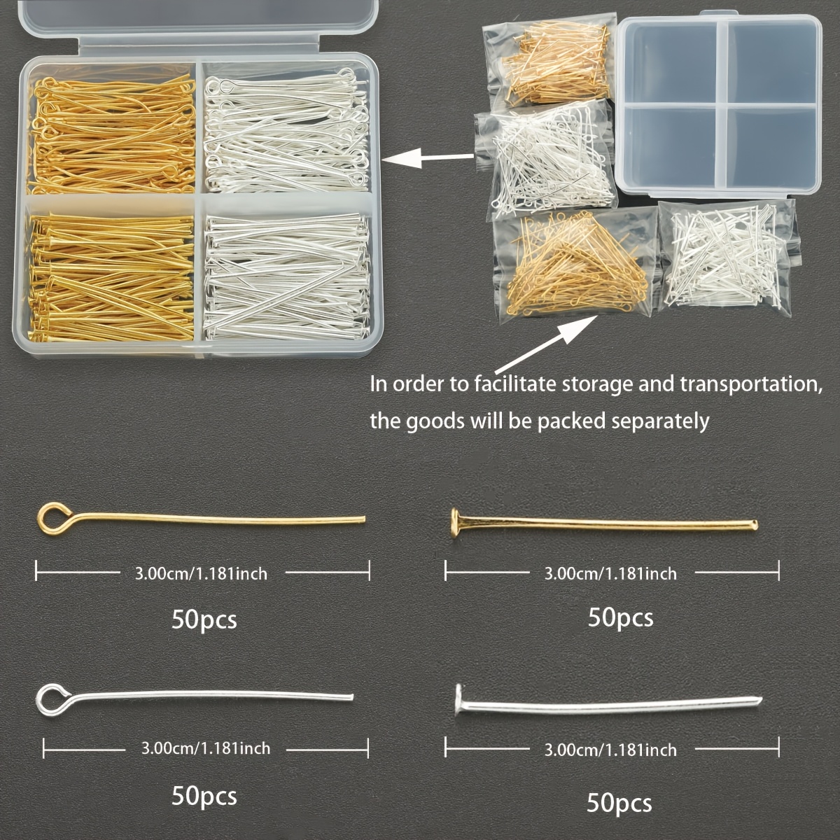 TEMU 200pcs/box Making Head Pins, Including 100pcs Eye Pins And 100pcs Flat Back Pins, Suitable For Weaving Jewelry Accessories, Wallet Accessory