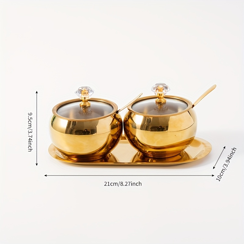 E-shop 1 Set von 2/3 Edelstahl Gewürzbehälter, Gewürzdose mit Deckel und Löffel, Goldene Gewürzflasche mit Serviertablett, Küchenset für Pfeffer, Salz,