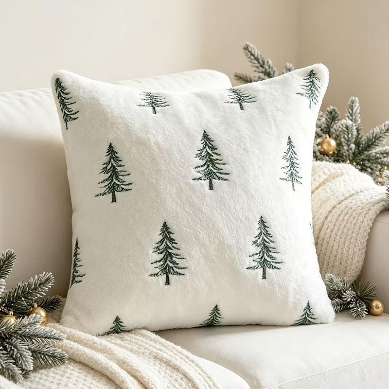 TEMU 1pc Christmas Tree Embroidered Plush Throw Pillow Cover, Soft White Fuzzy Cushion Case, Winter Xmas Decorative Pillowcase For Sofa Couch Home