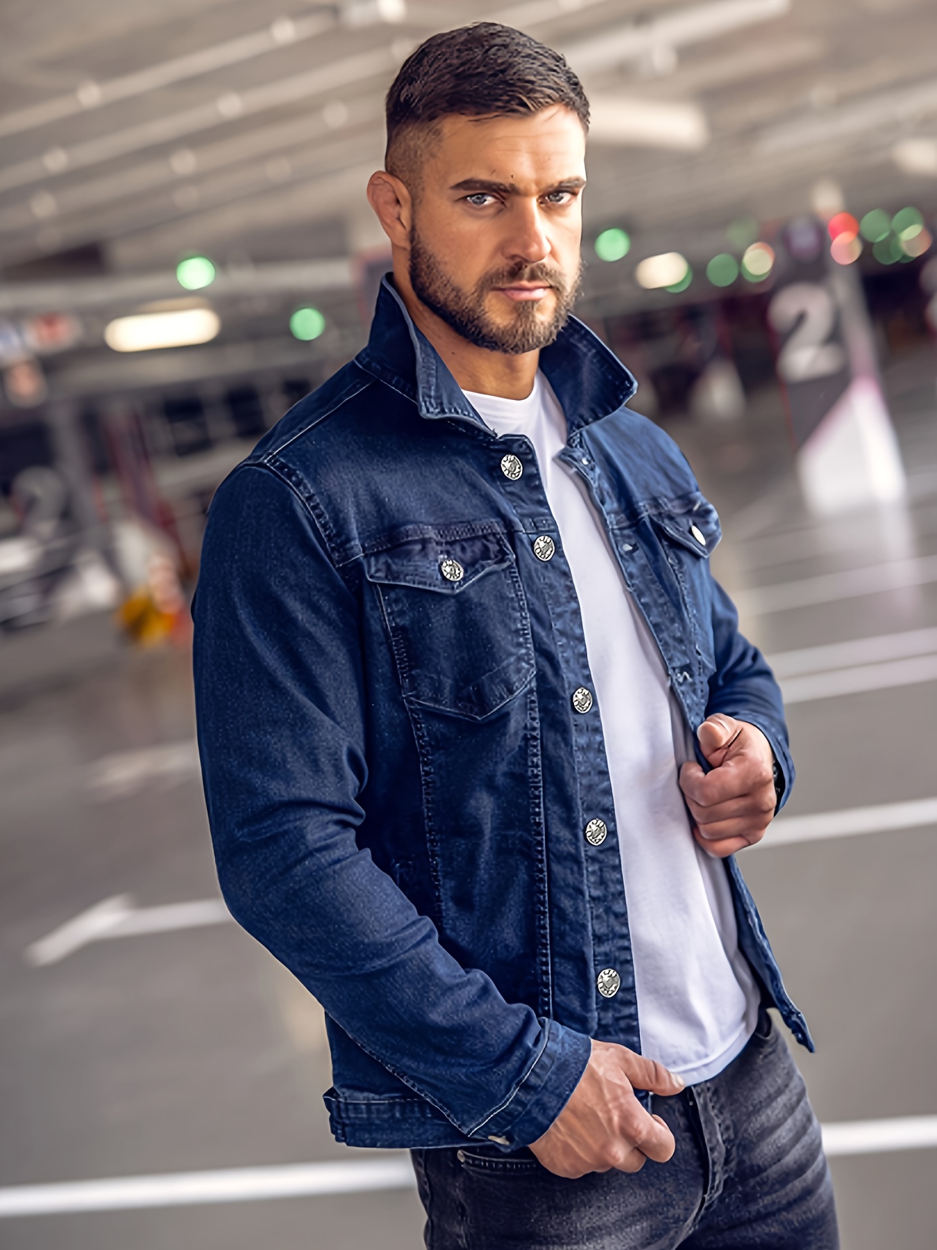 mens navy blue denim jacket pockets button Temu Bahrain