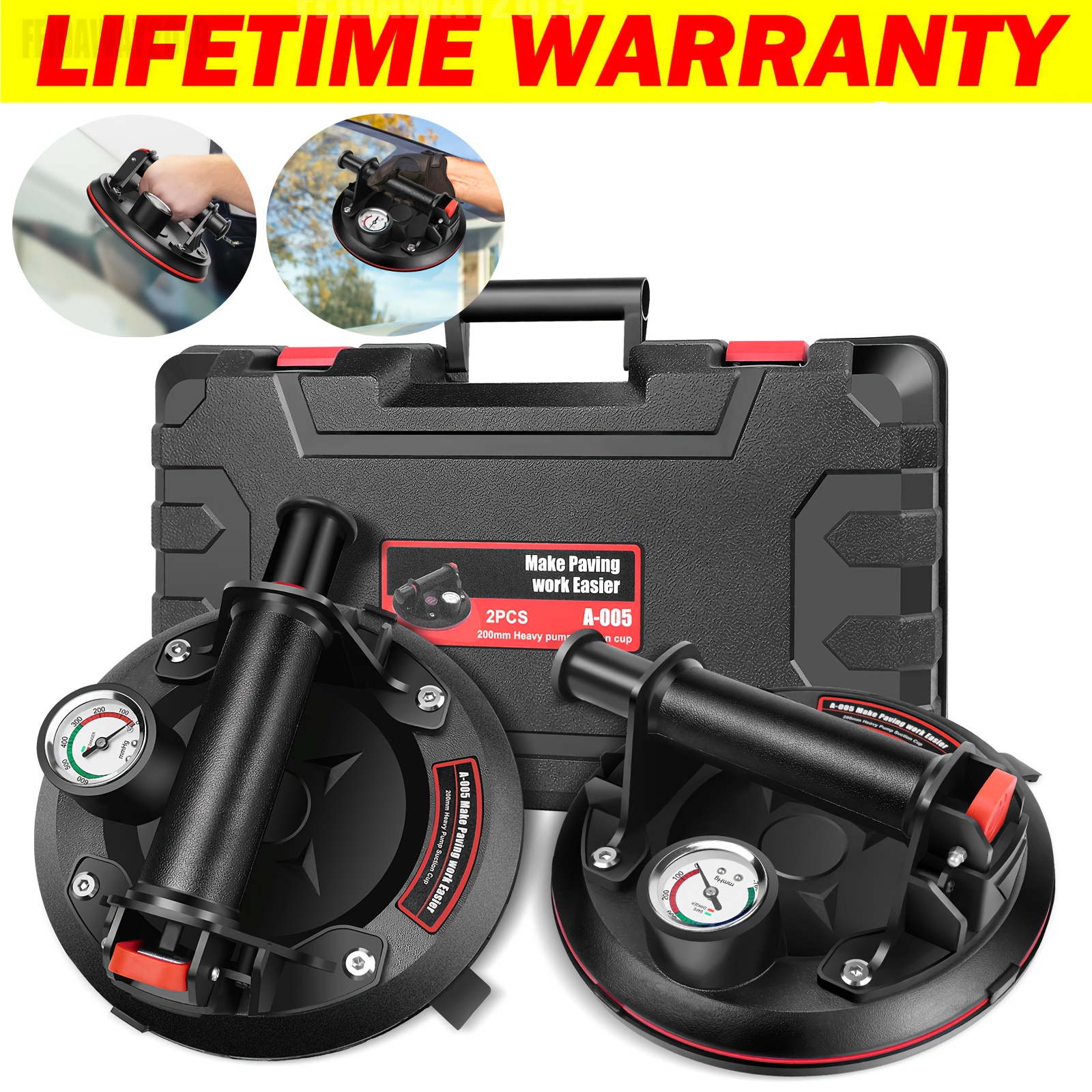 TEMU 2x Pack 8-inch Tile Suction Cups Lifter With Pressure Gauge 485 Lbs/220 Kg Load Capacity, Heavy Duty Glass Vacuum Suction Cup For Replacing Auto