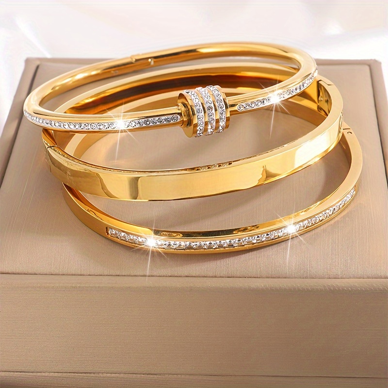 

3pcs Fashion Bracelet Set, Stainless Steel With Embellishments, Single Row Design, No Pendant, Ideal For & Party Accessories