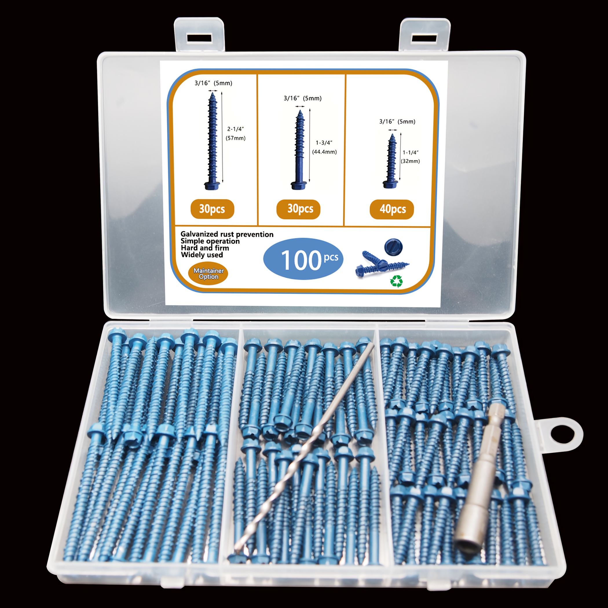 TEMU 3 Sizes 100pcs Heavy-duty Concrete Screw Set, Hex Head, Blue Galvanized Anti-rust, High Strength, 3/16", Box Hung, Easy To Take Out And Store,