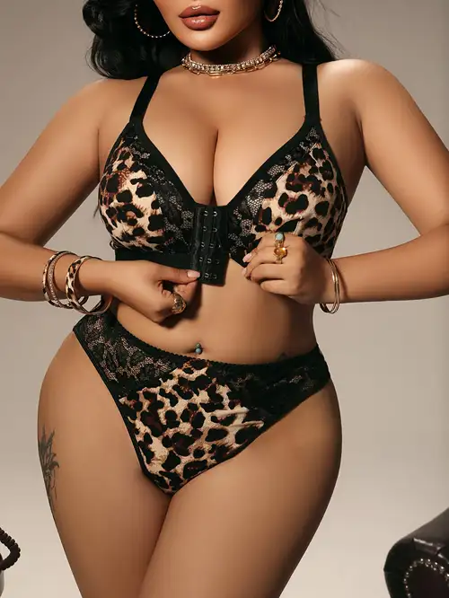 2pcs Leopard Print Lace Panel Women'S Lingerie Set, Front-Button Bra And Lace-Trimmed Panties * Lace * Lingerie Set 2pcs Leopard Print Lace Panel Women'S Lingerie Set, Front-Button Bra And Lace-Trimmed Panties * Lace * Lingerie Set