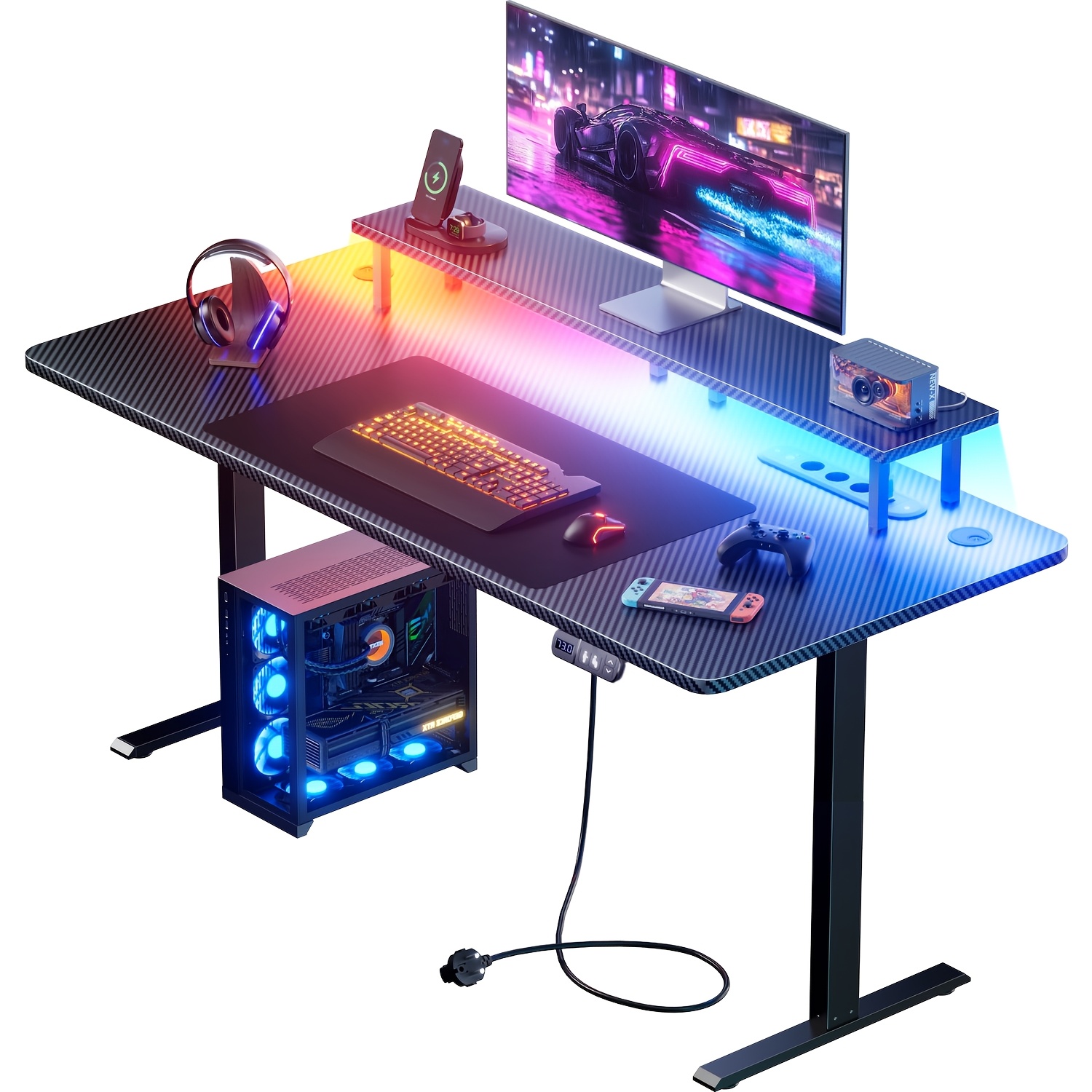 Image of Furnishia Height Adjustable Gaming Desk With Led Lights And Monitor Stand, Computer Desk With Power Outlets And Memory , Black Office Desk For Home And Office