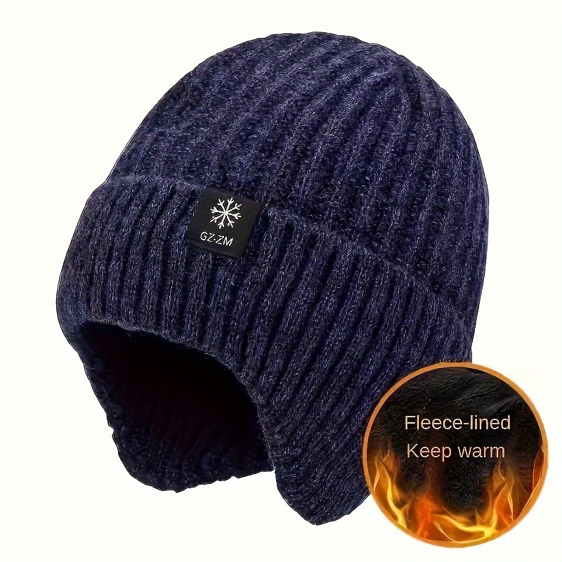 Men's Winter Warm Knit Hat With Ear Muffs, Elastic Stretch Warm Hat For Outdoor Use, Hand Wash, Black, Polyester Fiber Content, Ideal Gift For Christmas, New Year's Day, Father's Day