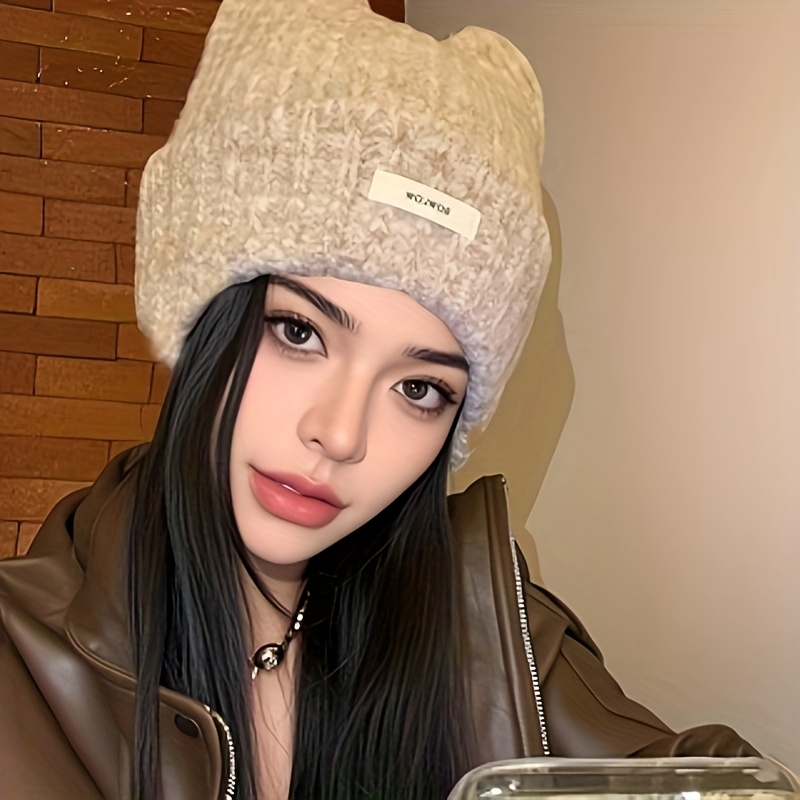 

[1pc Fashionable Cat Ear Beanie] Fashionable Korean Style Cat Ear Beanie, Polyester Knit Skull Cap, , Lightweight, With Hand Washable For Thanksgiving