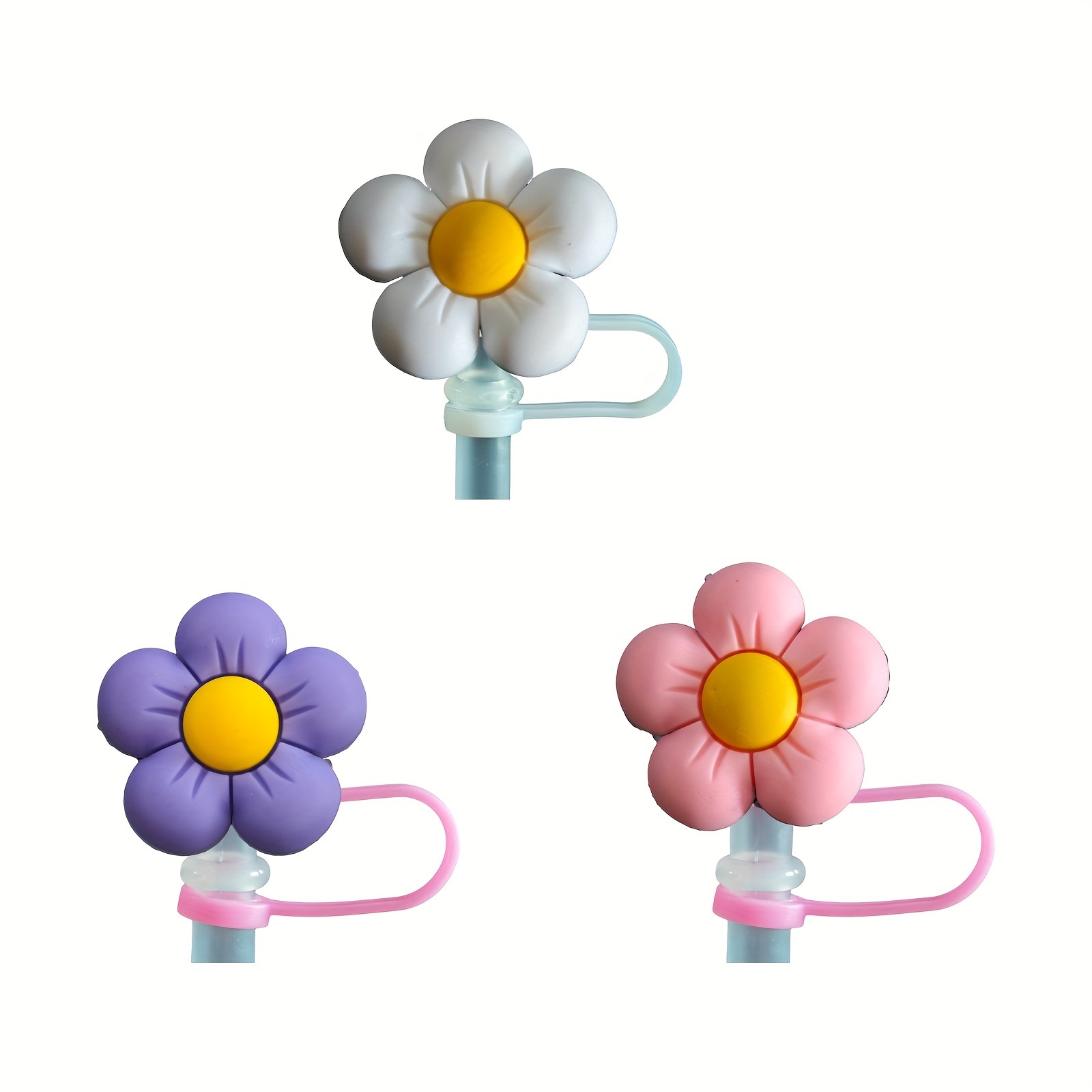Image of Gift For Her/him 7/4/3pcs Cute Flower Straw Cover For Cup - And Splash Proof Straw Topper Cap - 6-8mm Straw Compatible - Decorative Accessory For Cup, Halloween, Christmas