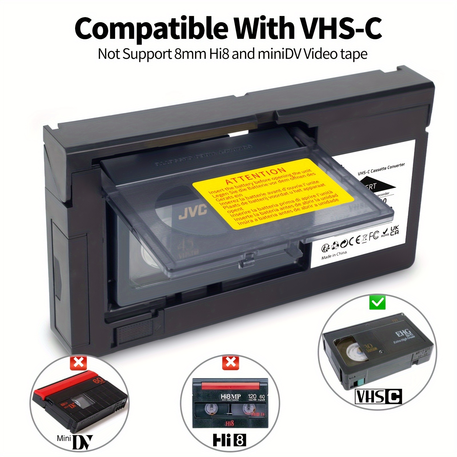  VHS-C Cassette Adapter Compatible with VHS-C SVHS Camcorders  JVC RCA Panasonic Motorized VHS Cassette Converter （NOT Compatible with 8mm  / MiniDV / Hi8） : Electronics