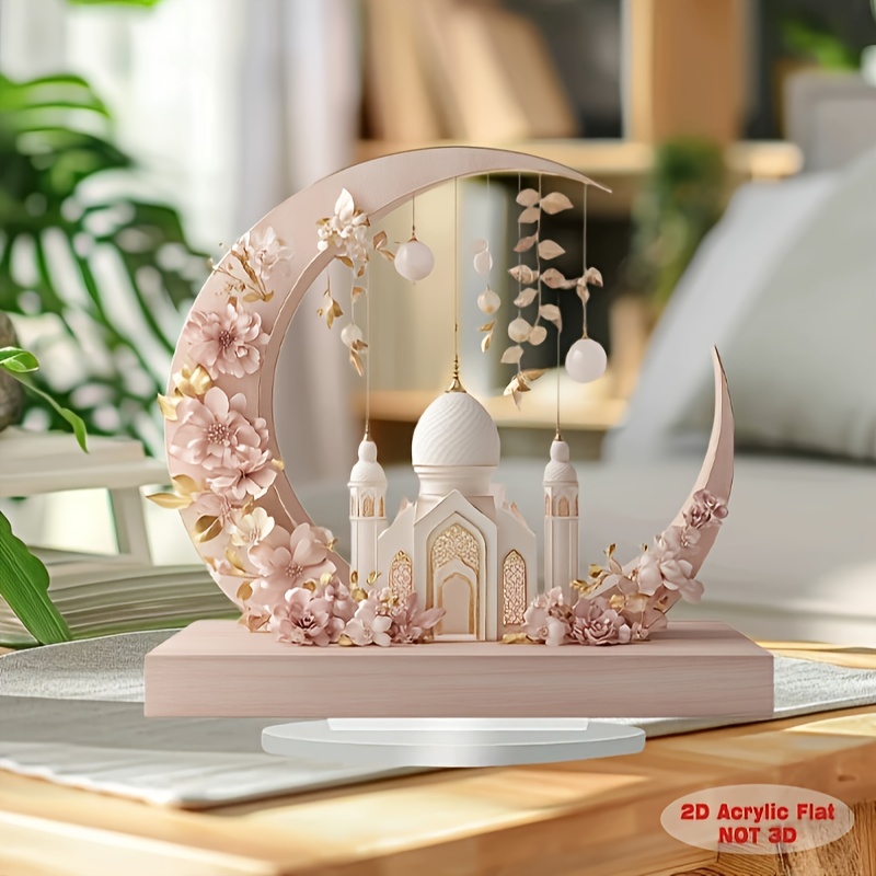 

2d Flat, Elegant Ramadan & Eid Al-fitr Decor - Pink With Golden Floral Design, Acrylic Tabletop Ornament With Wooden Base - Home & Kitchen Decoration, Home Decor