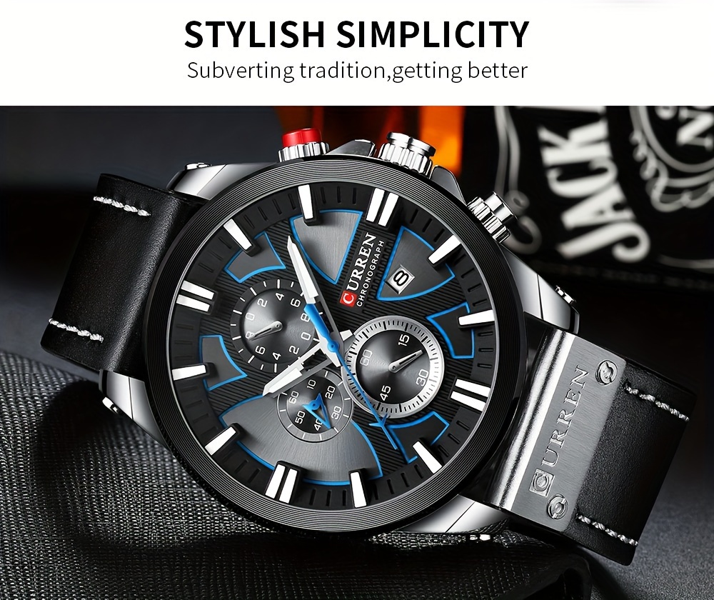  multi functional luminous quartz mens watch large dial chronograph calendar analog pu leather wrist watch date watch details 1