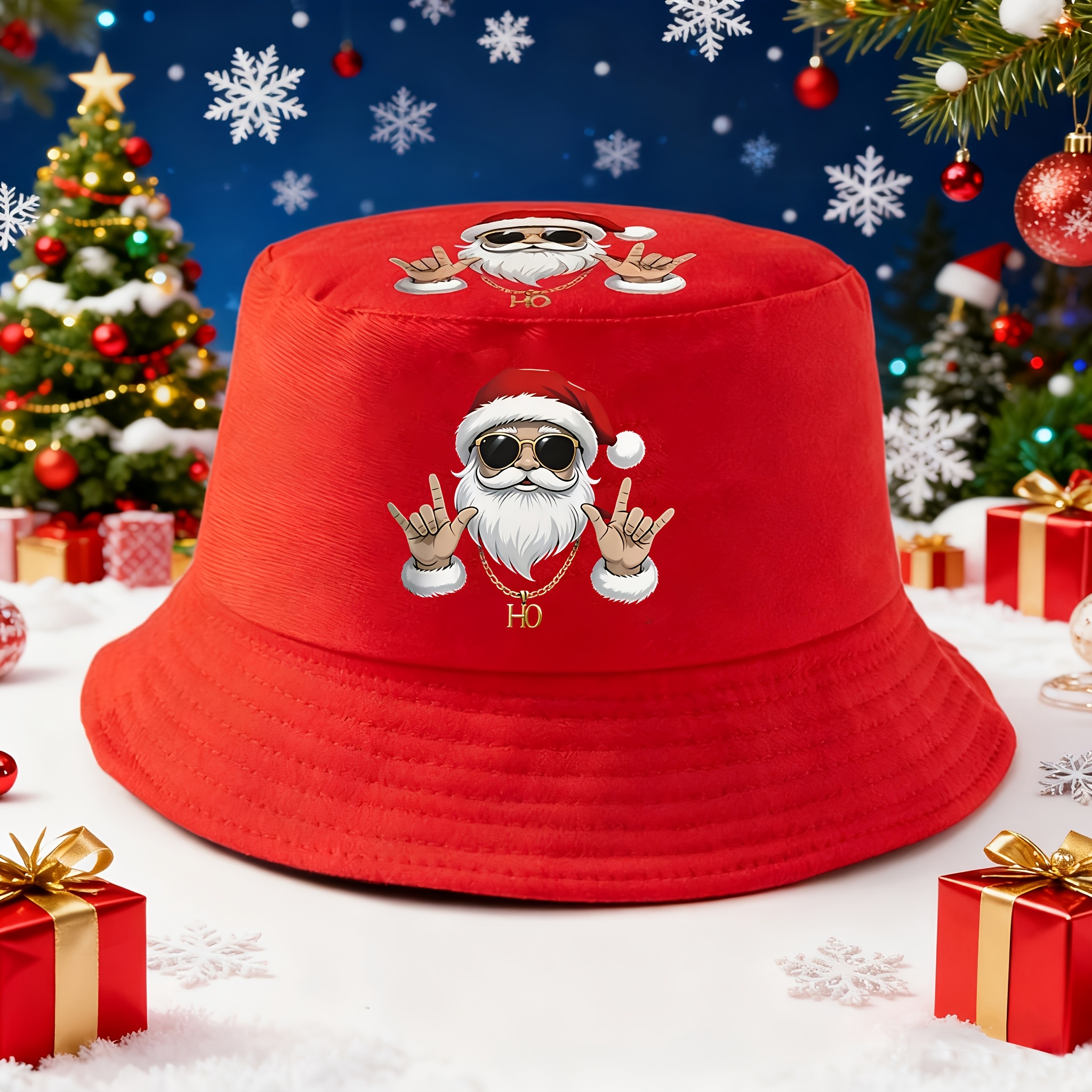 TEMU Double-sided Santa Bucket Hat, Unisex, Festive Design For Christmas And Beach . Lightweight And Neutral Accessories, Holidays And Outdoor
