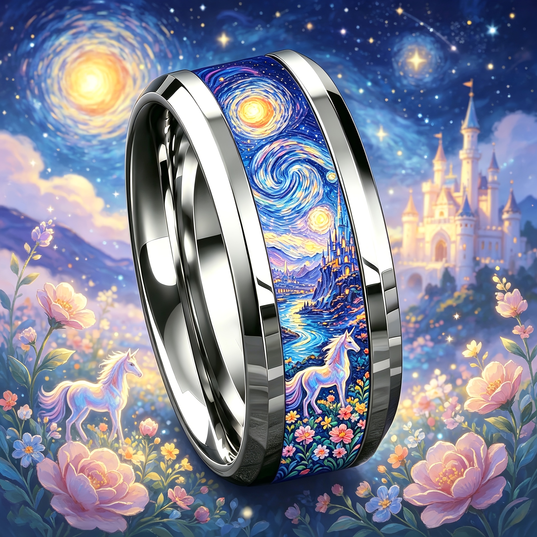 Starry Night Fairy Tale Castle Unicorn Ring, 304L Stainless Steel
