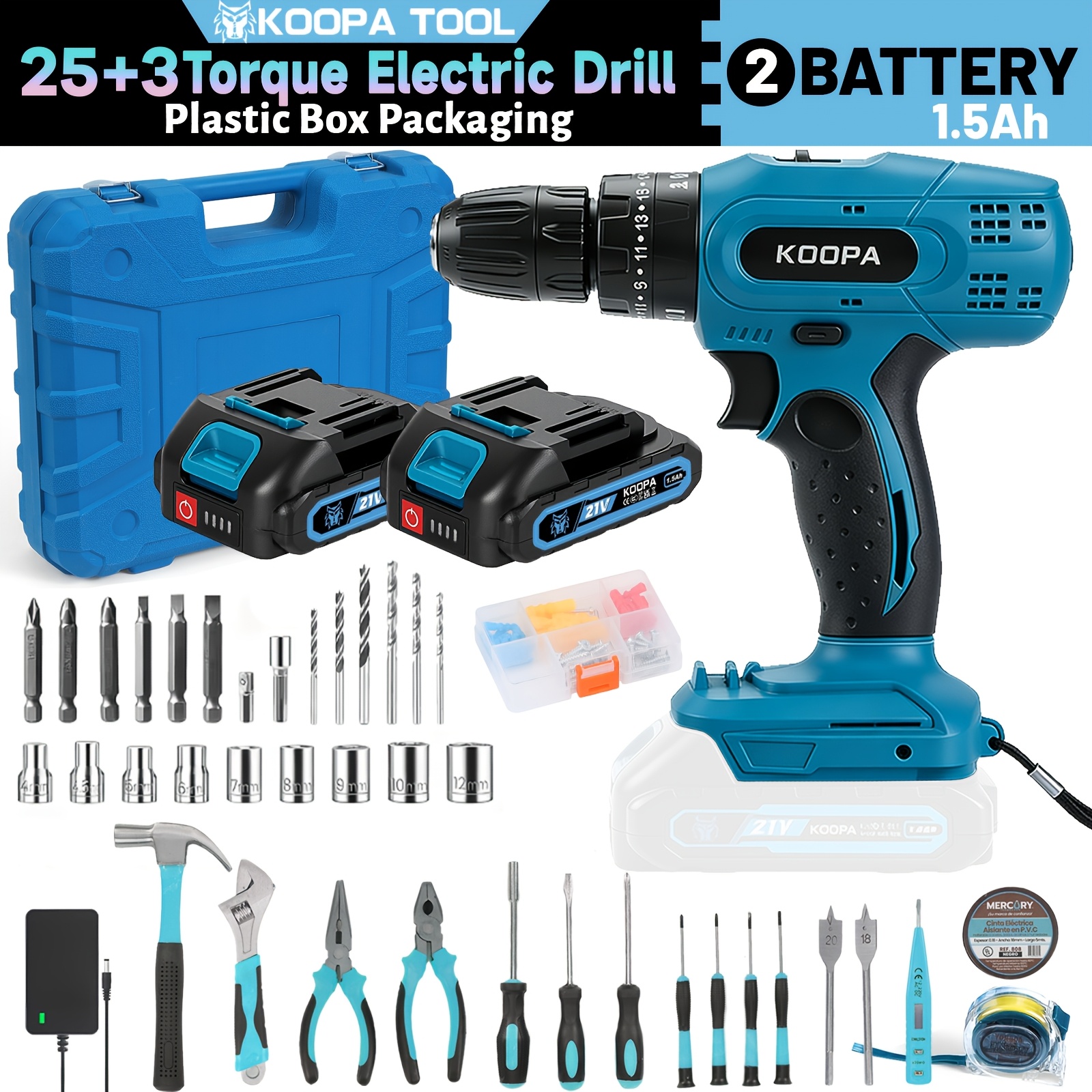 Koopa Tool Handheld Impact Drill Power Tool, 25+3 Adjustable Torque Settings, 2 Gear Speed Multifunctional Screwdriver, Equipped With Portable Plastic Box Set, Suitable For Home Daily