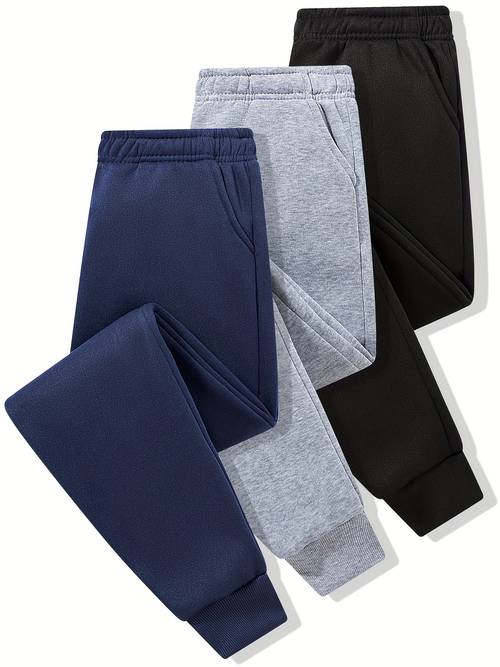 3pcs girls solid color tapered jogger pants with elastic waist ankles winter warm tummy control leggings pockets for school uniforms gym outdoor play pink navy machine washable casual pants outdoor
