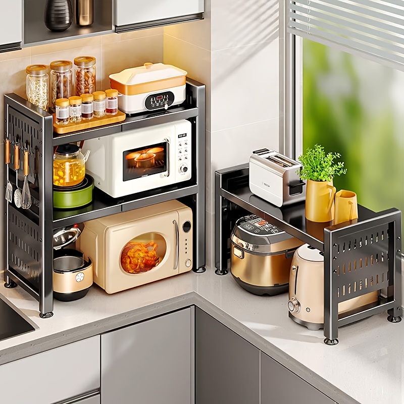Adjustable Microwave Oven Rack Carbon Steel Space- Shelf With Hooks For Countertop/wall-easy Assembly Organizer For Small Kitchen Pantry Laundry, Standing Shelf