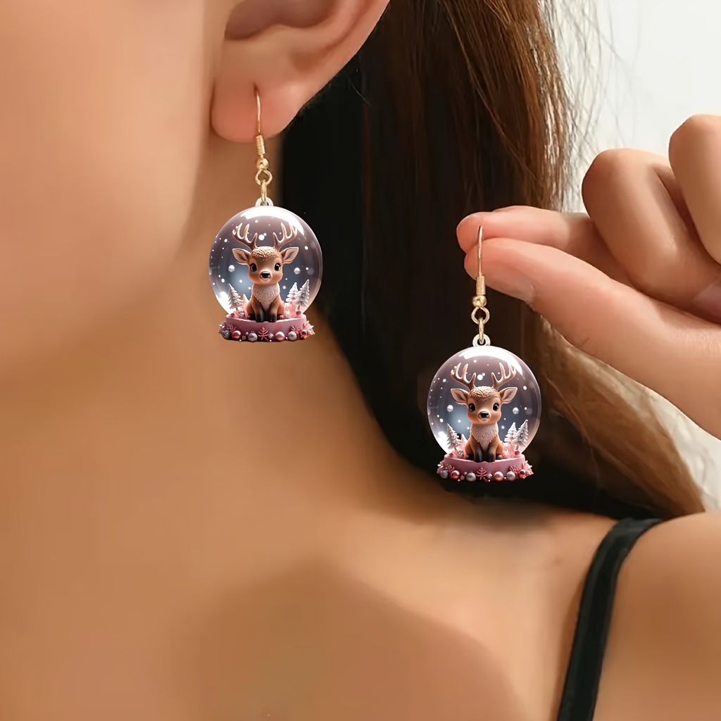 

2d Acrylic Christmas Ball Earrings With Cute Deer - And Holiday Parties