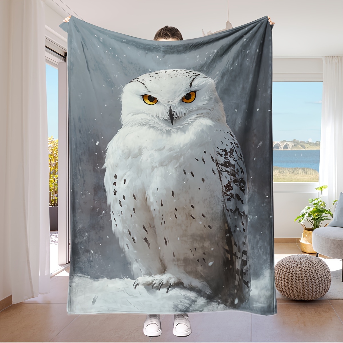 

Couverture en flanelle d'hibou des neiges contemporain - Douce et réversible pour toutes les saisons, imprimé de dessin animé d'hibou, lavable en machine, polyester fleece de 250-300g