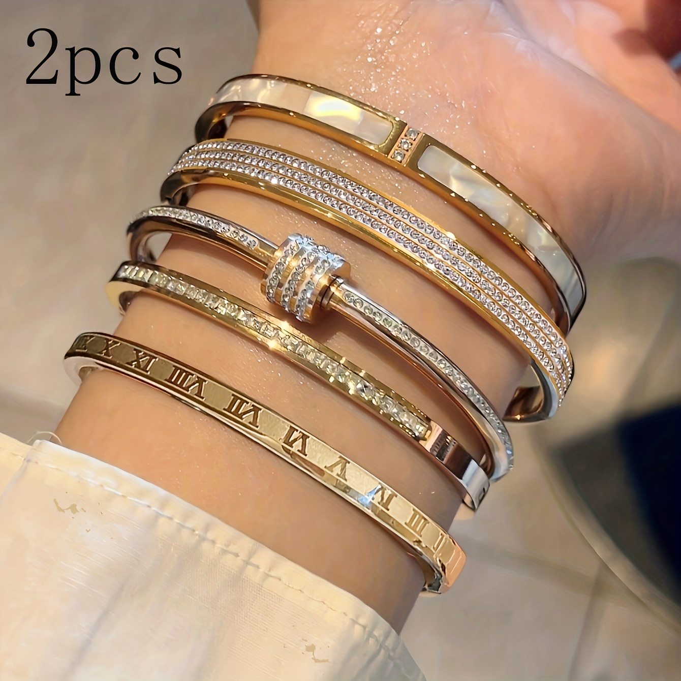 TEMU 2pcs Random 304 304 Stainless Steel Bangle Bangle Bracelet Non Fading Golden Bangle Bangle Bracelet Set With Decoration