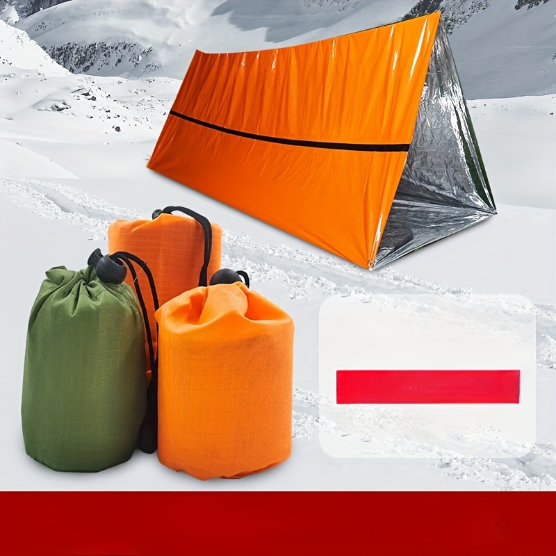 TEMU 1pc Emergency Blanket, Portable Outdoor Survival Sleeping Bag Tent, Orange & Olive Green, Pe Disposable, Windproof, No Electricity Needed, Lightweight Insulation, Featherless